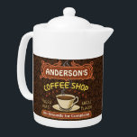 Coffee Shop Mug Create Your Own Custom Teapot<br><div class="desc">This coffee-themed teapot is perfect for anyone who runs their own coffee shop or has a coffee theme in their home kitchen decor. Done in retro brown, orange, beige and yellow, this espresso / cappuccino inspired design features a cup on a saucer, two personalised text banners and the words "Coffee...</div>