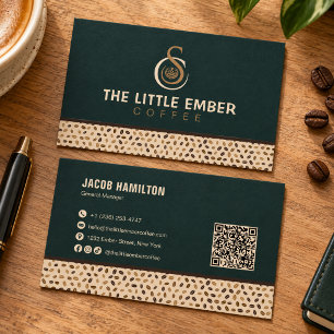 Coffee Shop QR Code Design in Deep Green & Beige Business Card