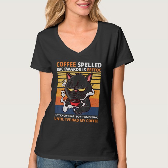 Coffee Spelled Backwards Is Eeffoc Black Cat Drink T-Shirt (Front)