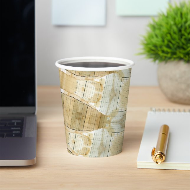 Coffee stained collage ledger paper cups (Insitu)