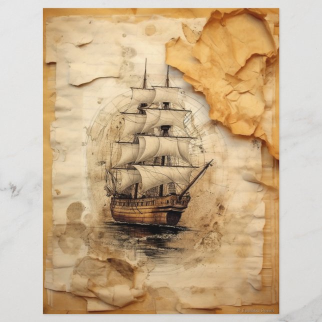 Coffee stained collage sail ship (Front)