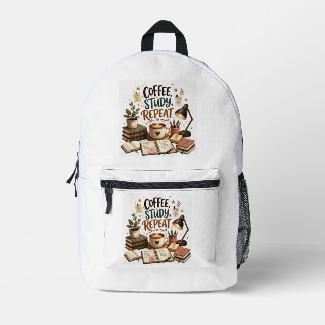 Coffee Study Repeat Student Book Lover Academic Printed Backpack (Front)
