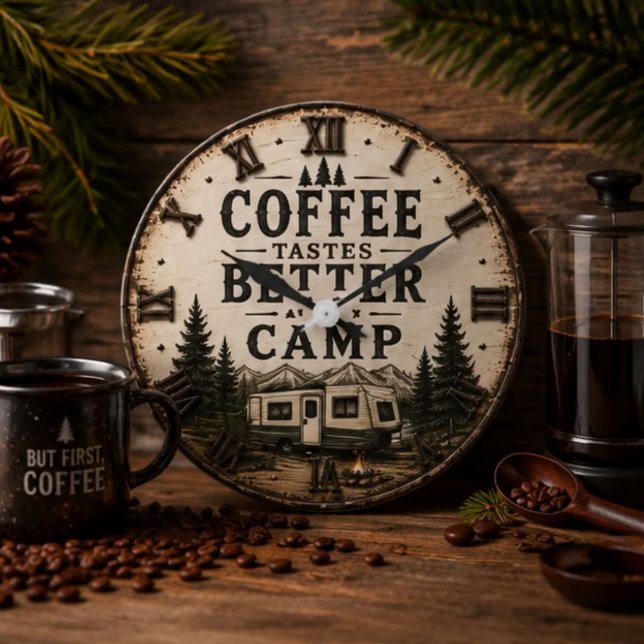 Coffee Tastes Better at Camp Rustic Large Clock (Creator Uploaded)