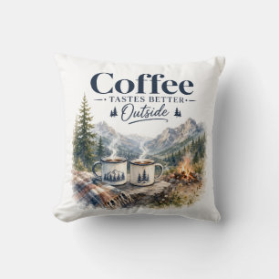 Coffee Tastes Better Outside Mountain Campfire Cushion