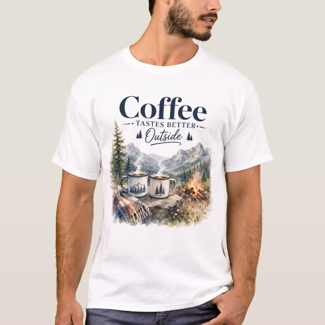 Coffee Tastes Better Outside Mountain Campfire T-Shirt (Front)