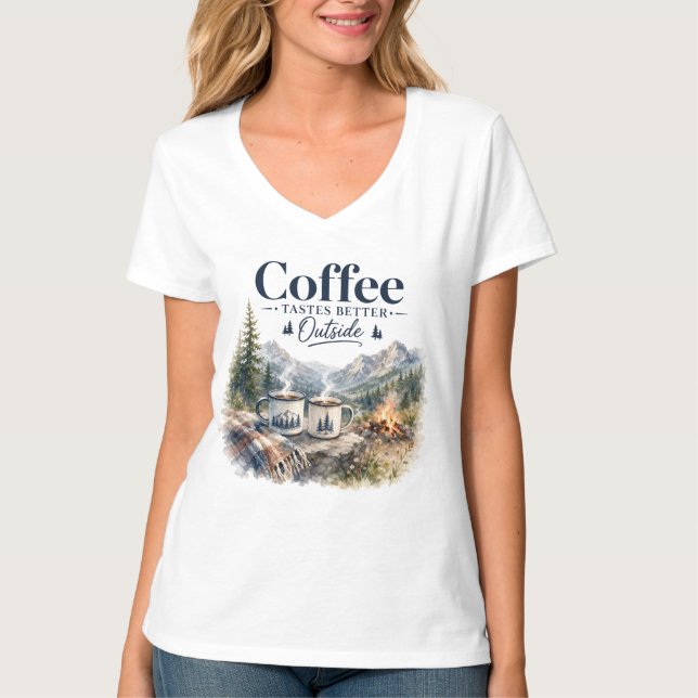 Coffee Tastes Better Outside Mountain Campfire T-Shirt (Front)