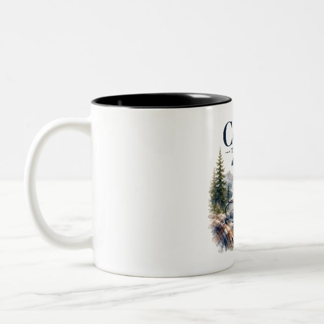 Coffee Tastes Better Outside Mountain Campfire Two-Tone Coffee Mug (Left)