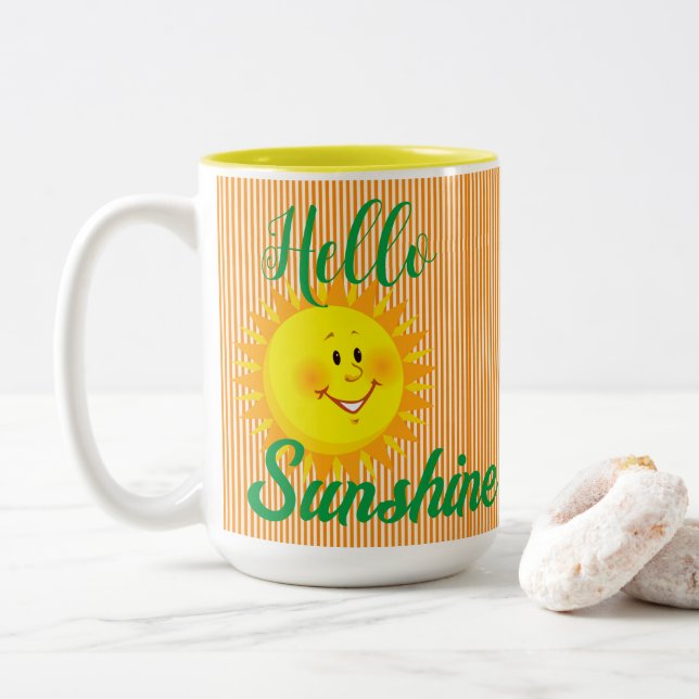 Coffee Tea Mugs, Hello Sunshine Sun Stripes  Two-Tone Coffee Mug (With Donut)