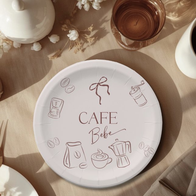 Coffee Theme Beige Cafe Bebe Brewing Baby Shower Paper Plate (Creator Uploaded)