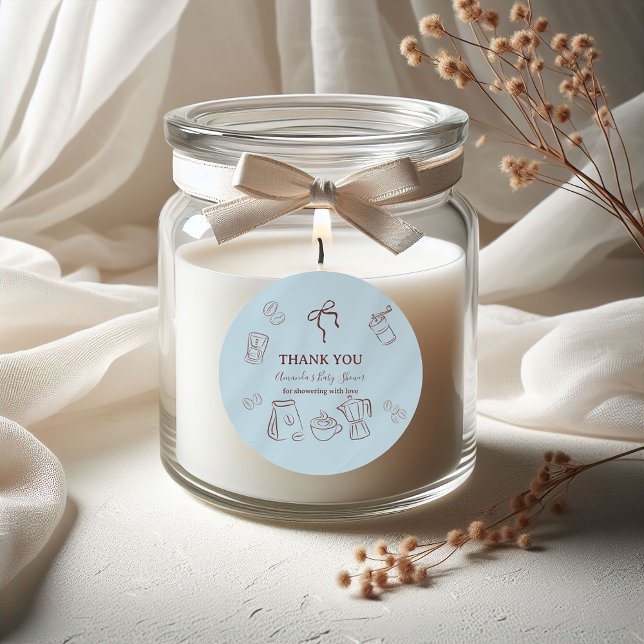 Coffee Theme Blue Bow Cafe Bebe Boy Baby Shower Classic Round Sticker (Creator Uploaded)