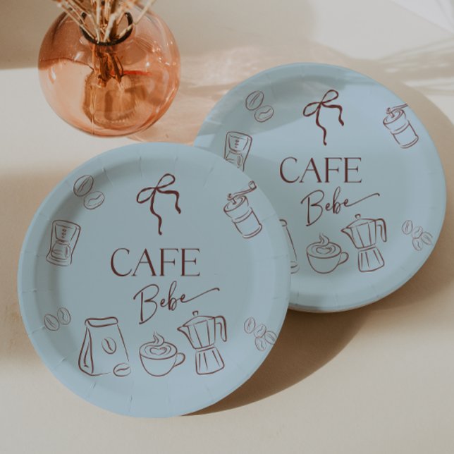 Coffee Theme Blue Bow Cafe Bebe Boy Baby Shower Paper Plate (Creator Uploaded)