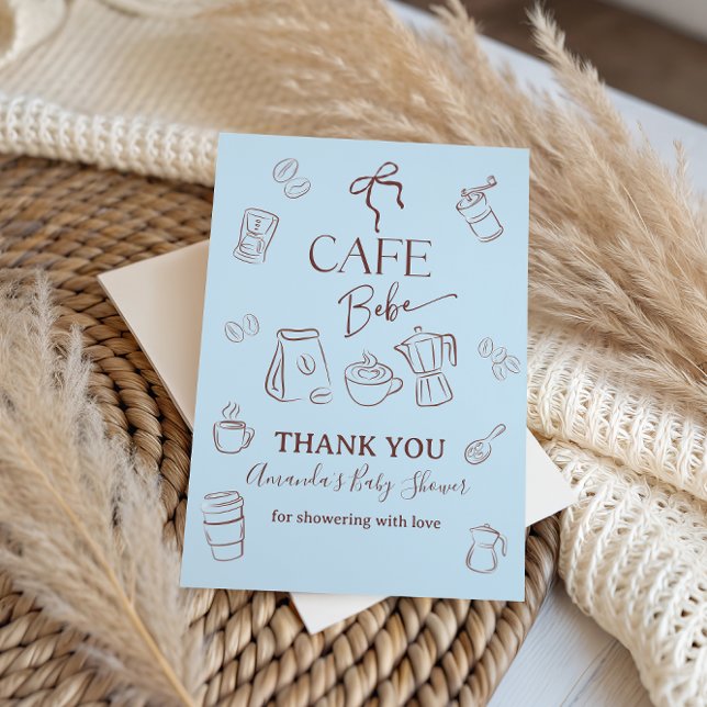 Coffee Theme Blue Bow Cafe Bebe Boy Baby Shower Thank You Card (Creator Uploaded)