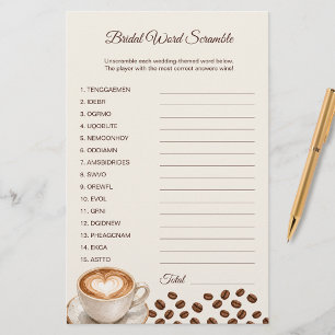 Coffee Theme Bridal Shower Game Word Scramble Card