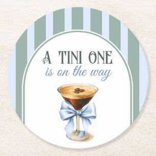 Coffee Theme Espresso Martini Blue Bow Baby Shower Round Paper Coaster