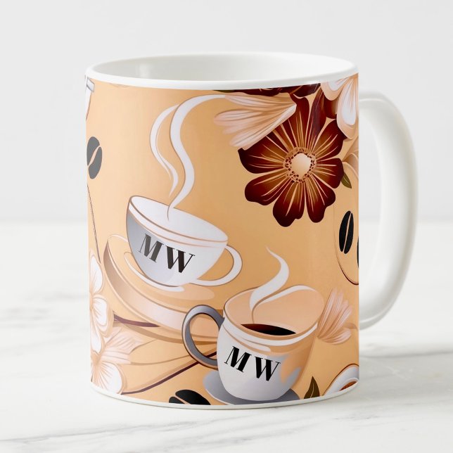 Coffee themed beige, brown flowers initials mug (Creator Uploaded)