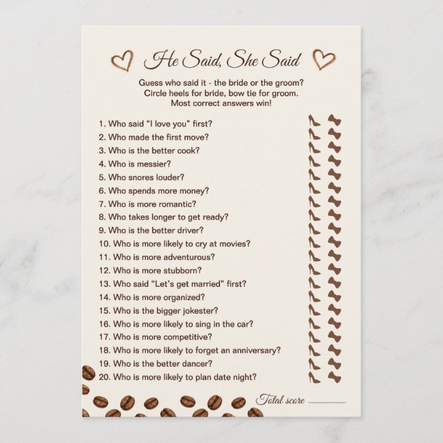 Coffee Themed He Said She Said Game Card (Front)