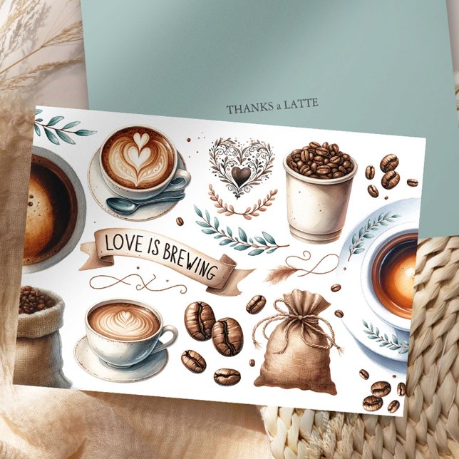 Coffee-Themed Thank You Cards, Thanks a Latte Card (wedding thank you cards wedding and bridal shower love is brewing coffee theme by Do Tell A Belle)