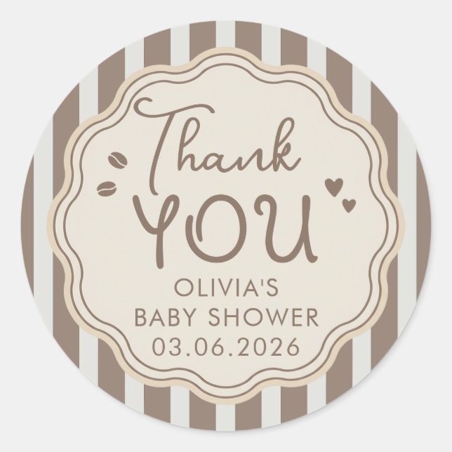 Coffee Themed Whimsical Baby Shower Thank You Classic Round Sticker (Front)