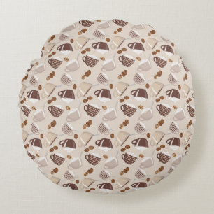 Coffee Time Cups Brown Grains Caffeine Lover Drink Round Cushion