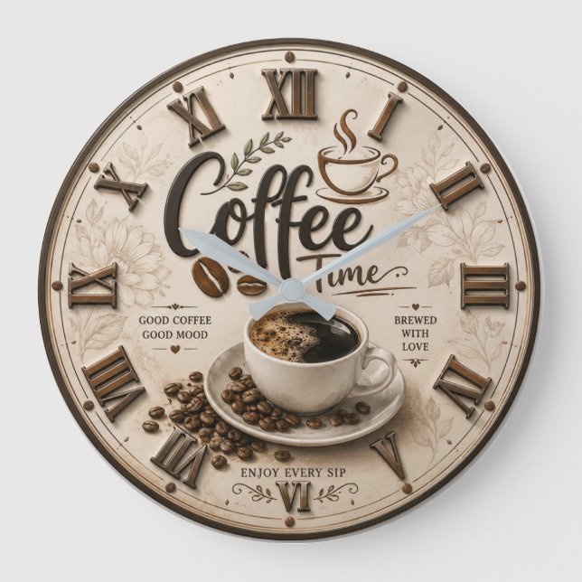 Coffee Time Elegant Farmhouse Kitchen Decor Large Clock (Front)