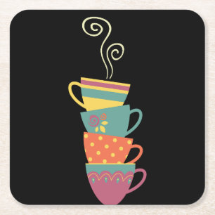 Coffee time stacked mugs steam swirl square paper coaster