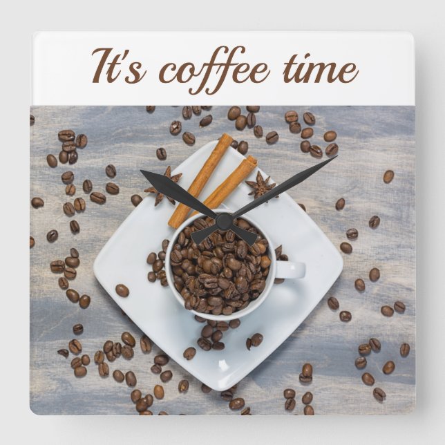 Coffee time with beans and cup customisable text square wall clock (Front)