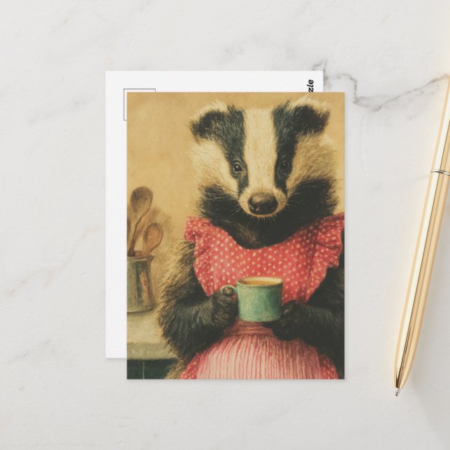 Coffee Time With Miss Badger Postcard (Front/Back In Situ)