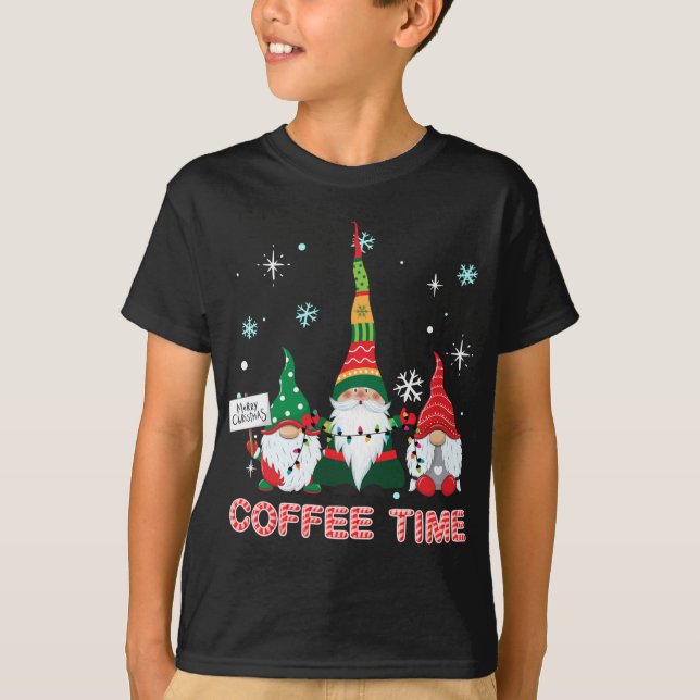 Coffee Times With Three Gnomes Merry Christmas Cos T-Shirt (Front)