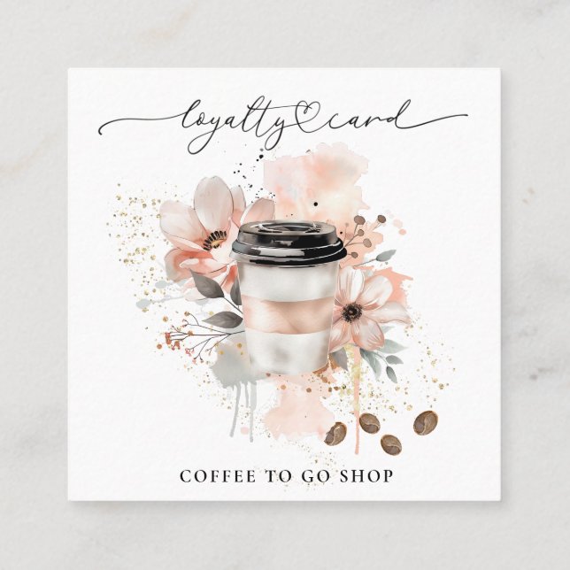 *~* Coffee To Go - Glitter Heart QR Rewards Floral Loyalty Card (Back)
