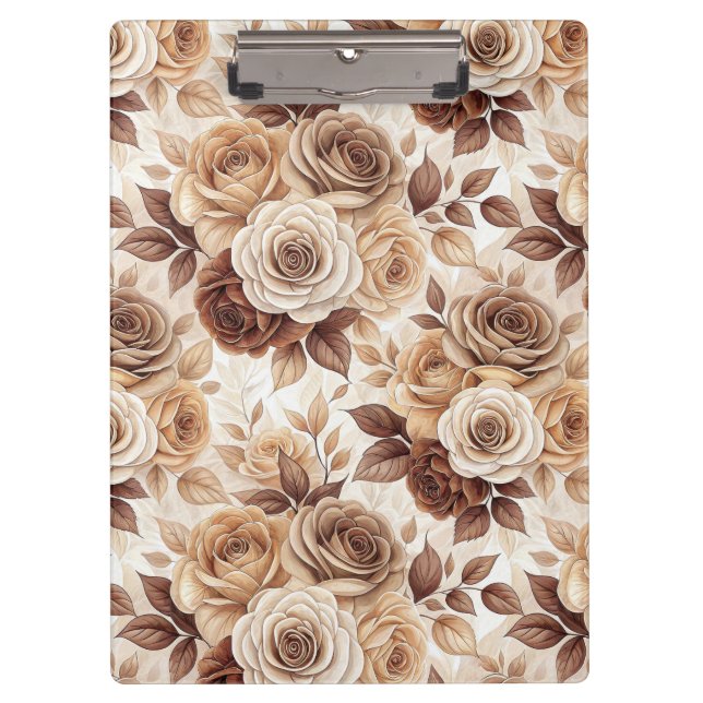 Coffee Tones Floral Rose Pattern Clipboard (Front)