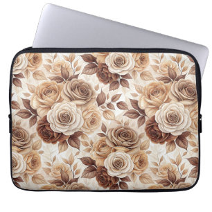 Coffee Tones Floral Rose Pattern Laptop Sleeve