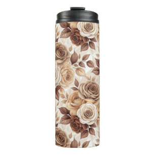 Coffee Tones Floral Rose Pattern Thermal Tumbler