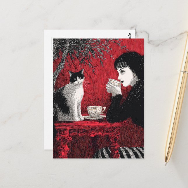 Coffee With a Cat Black White Red Postcard (Front/Back In Situ)
