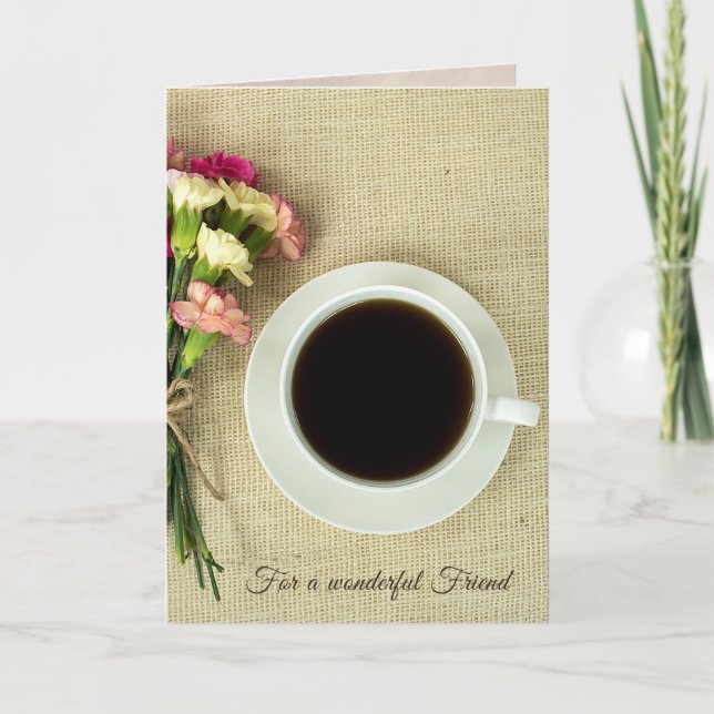 coffee with carnations on burlap card (Front)