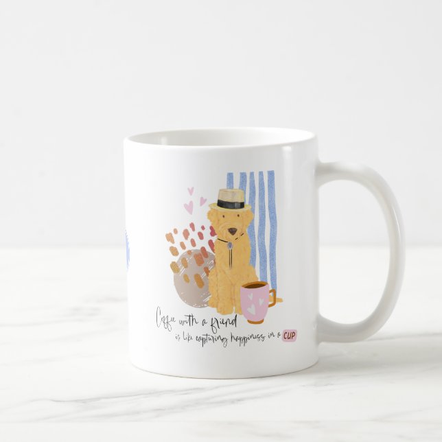 Coffee with Friend Quote Cute Labradoodle In Hat Mug (Right)