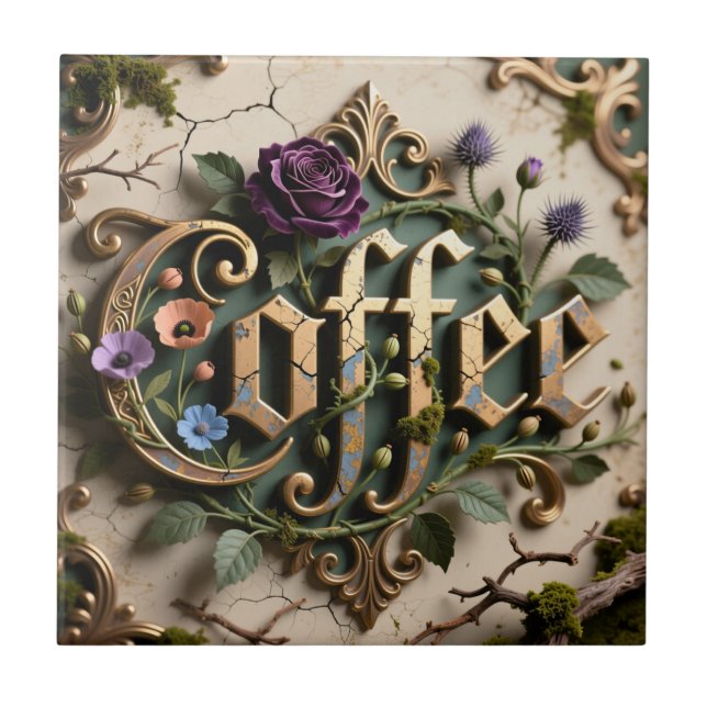 Coffee Word Antique Gold Floral Plaque Tile (Front)