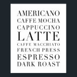 Coffee Words Poster<br><div class="desc">Americano, Caffe Mocha, Cappuccino, Latte, Caffe Macchiato, French Press, Espresso, Dark Roast</div>