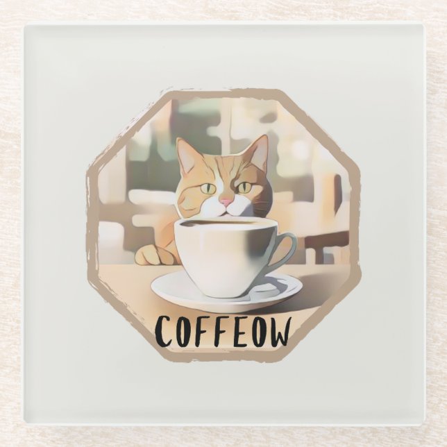 Coffeow Busy Cute Cat Glass Coaster (Front)