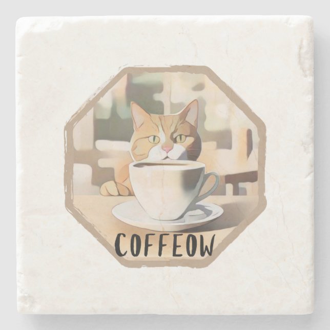 Coffeow Busy Cute Cat Stone Coaster (Front)