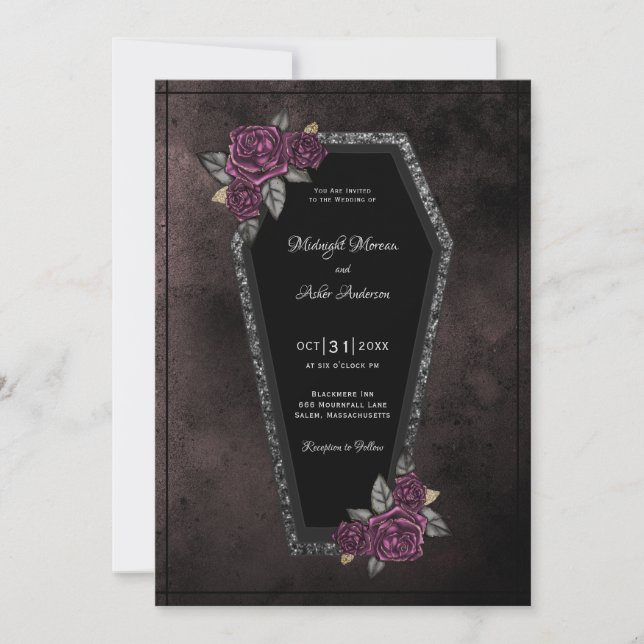 Coffin Black Grey Roses Sparkle Halloween Wedding  Invitation (Front)