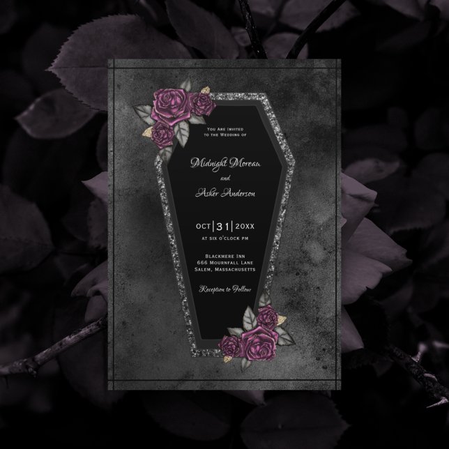 Coffin Black Grey Roses Sparkle Halloween Wedding  Invitation (Creator Uploaded)