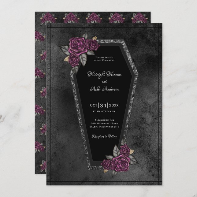 Coffin Black Grey Roses Sparkle Halloween Wedding  Invitation (Front/Back)