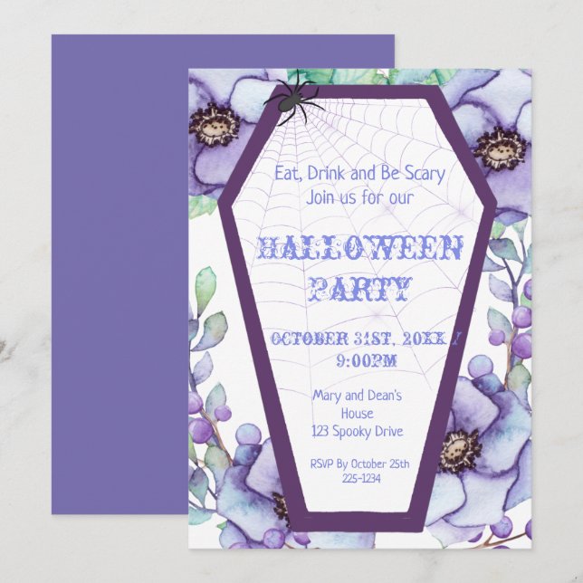 Coffin, Floral Halloween  Invitation (Front/Back)