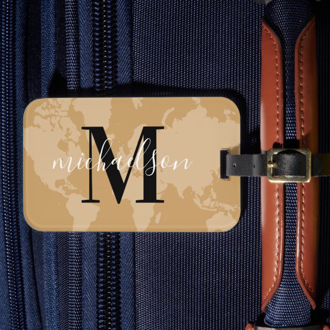 Cognac World Map Script Monogram Luggage Tag (Front Insitu 4)