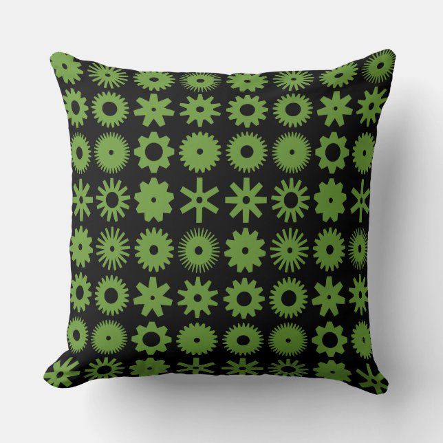 Cogs - Avocado Green on Black Cushion (Front)