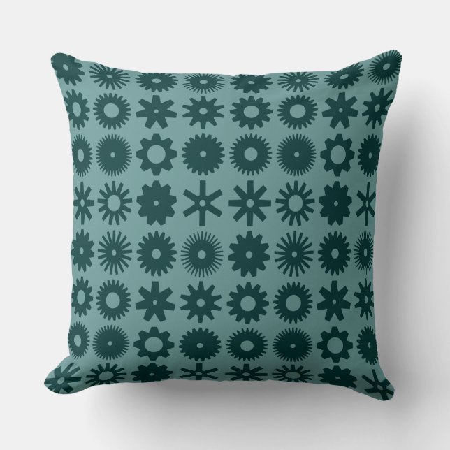 Cogs - Dark Green on Ocean Green Cushion (Front)