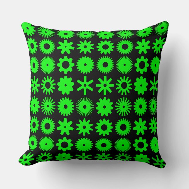 Cogs - Green on Black Cushion (Front)