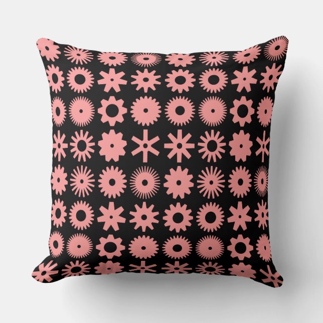Cogs - Soft Pink on Black Cushion (Front)