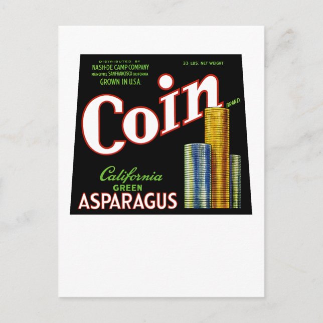 Coin California Asparagus Label Postcard (Front)