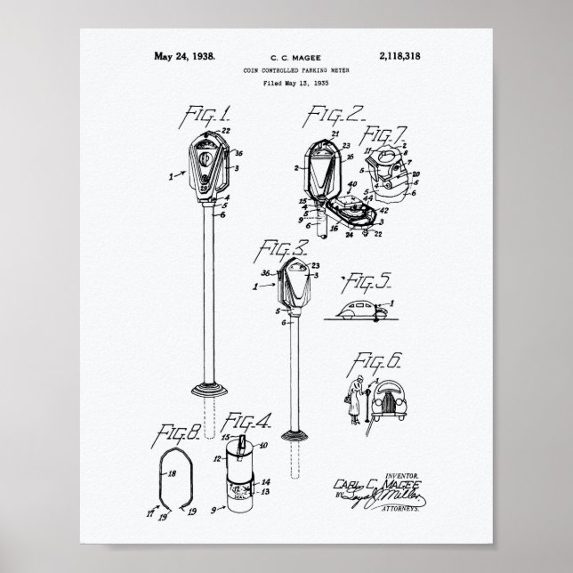 Coin Parking Meter 1938 Patent Art White Paper Poster (Front)